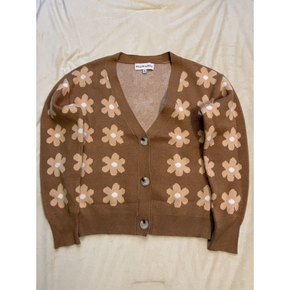 Willow & Wind Women’s Brown Floral Button Cardigan Sweater Size Medium